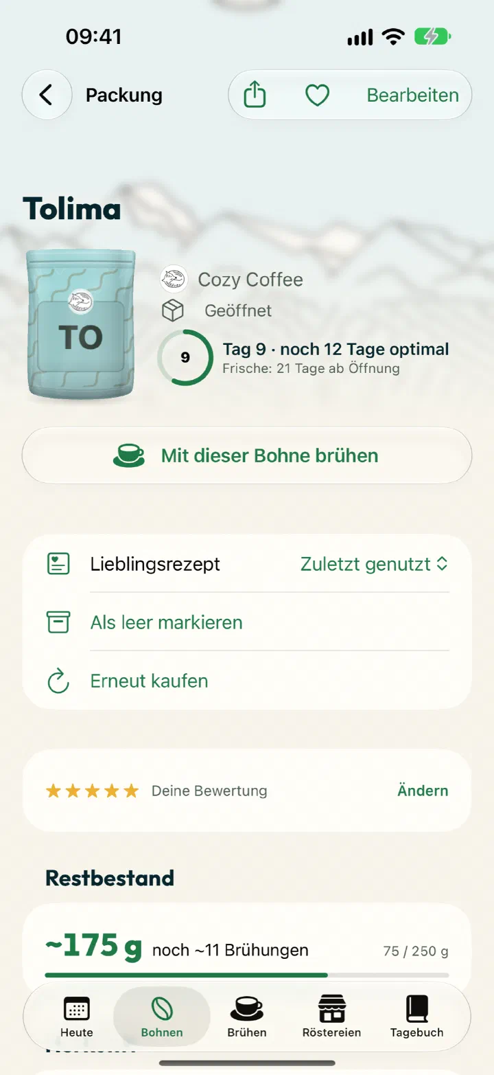 Brühmeister-App: Bohnen-Detail mit 3D-Beutel, Frische-Ring und Restbestand