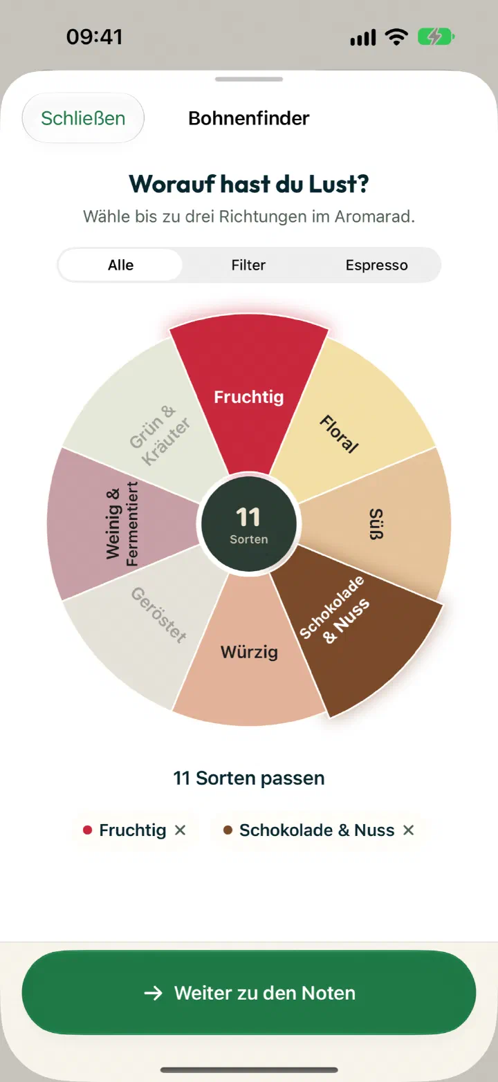 Brühmeister-App: Bohnenfinder mit Aromarad, Fruchtig und Schokolade & Nuss gewählt