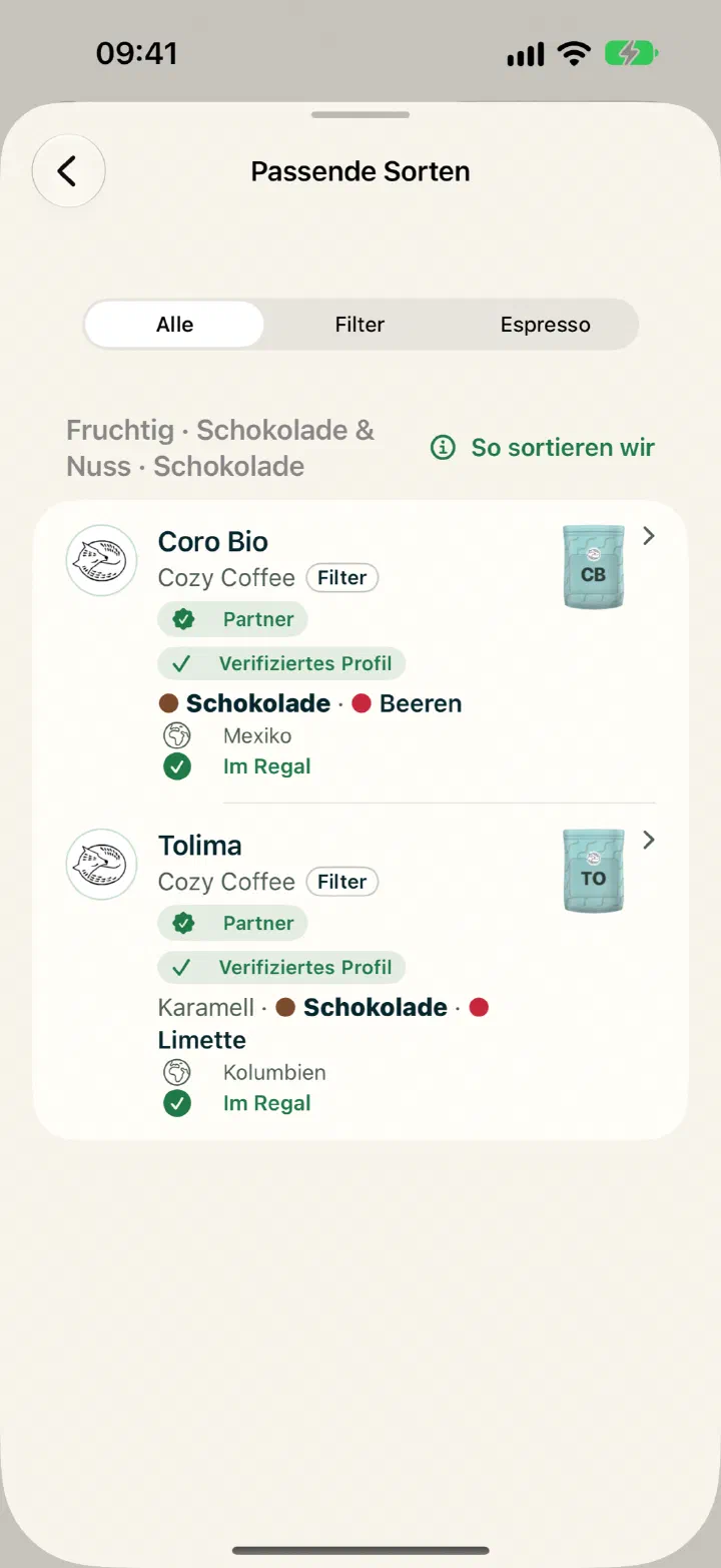 Brühmeister-App: Bohnenfinder-Ergebnisse mit passenden Sorten und Rösterei-Karte