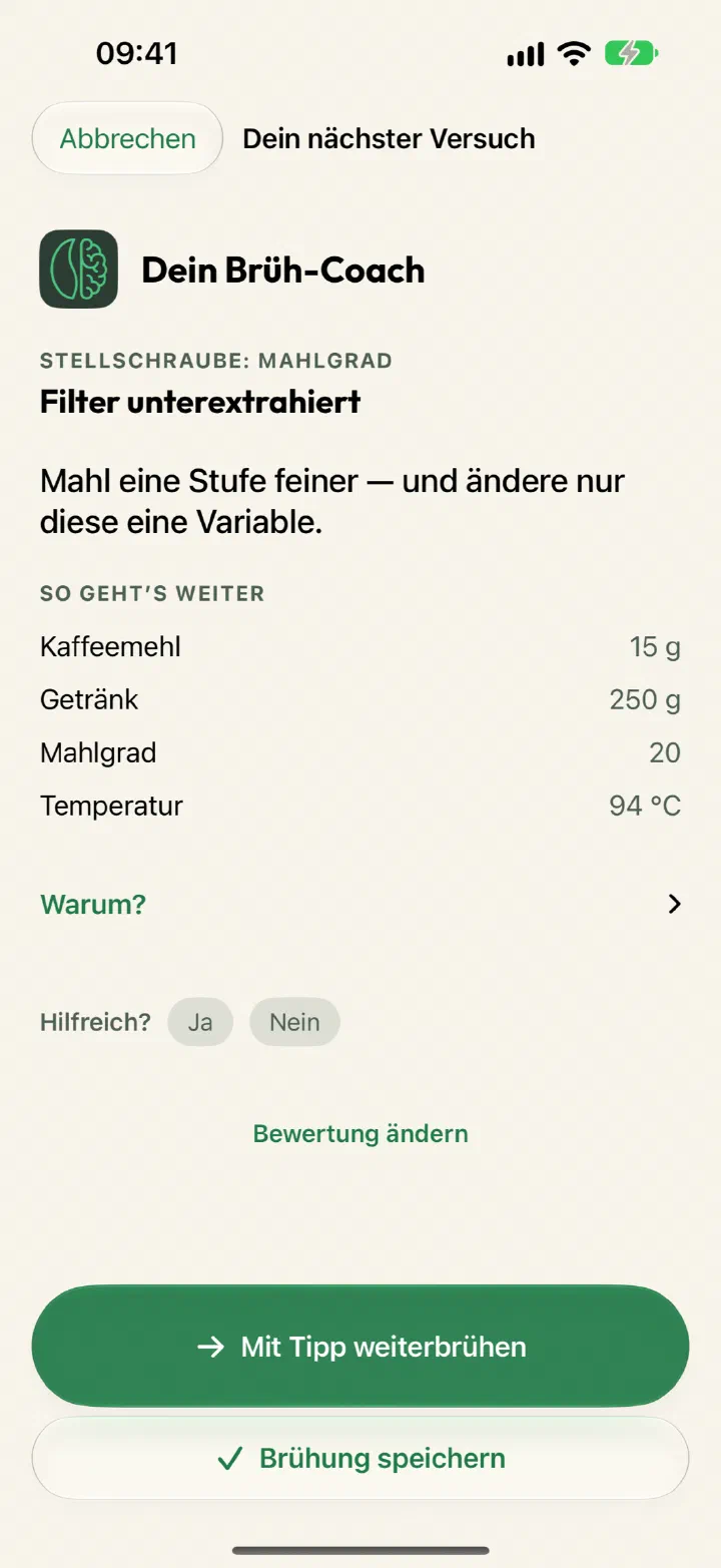 Brühmeister-App: Coach-Tipp „Filter unterextrahiert – Mahl eine Stufe feiner“
