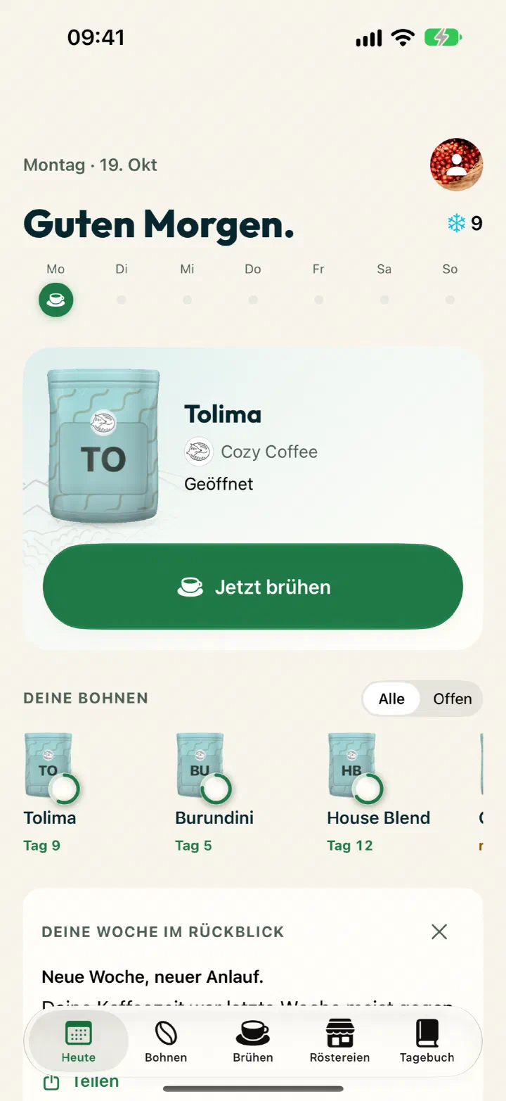 Brühmeister-App: Heute-Ansicht mit der Bohne als 3D-Beutel, „Jetzt brühen“ und deinen offenen Bohnen