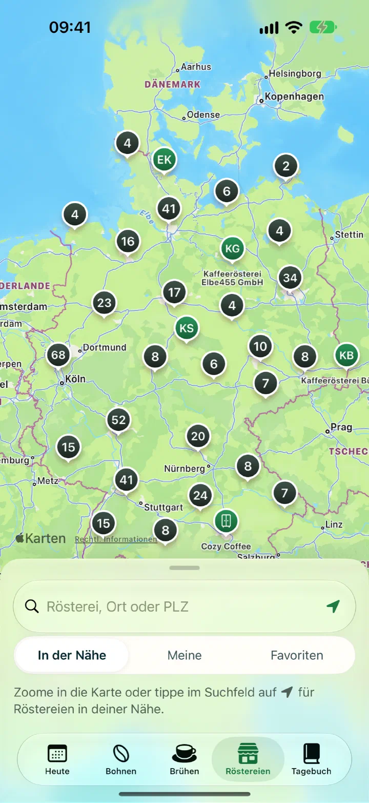 Brühmeister-App: Karte mit Röstereien in Deutschland