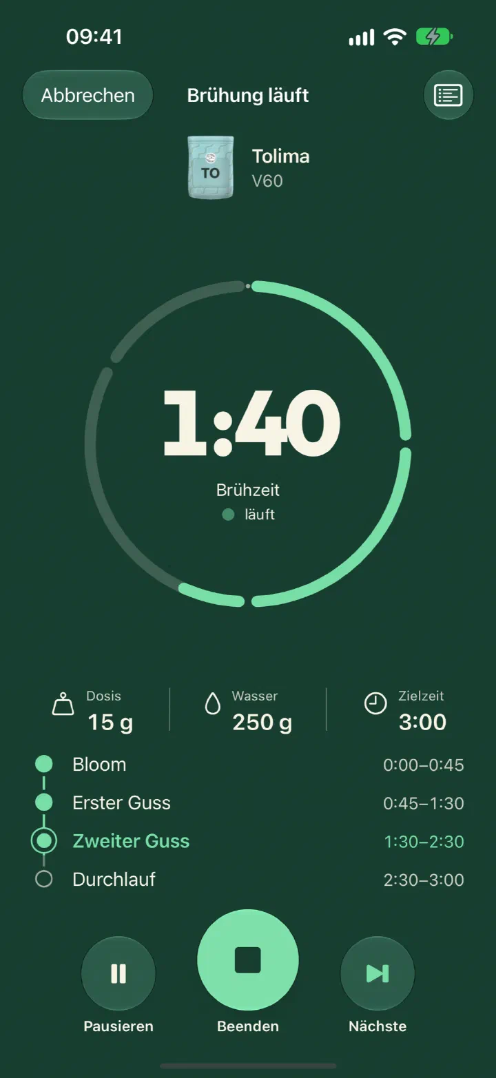 Brühmeister-App: laufender V60-Timer mit Phasenring und Phasenliste